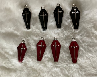 Set of 8 enamelled coffin charms in red and black