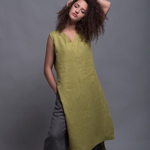 KENI Long Tunic Top, Linen Tank Loose Fitting Sleeveless Maxi Top Casual Tunic Dress, Oversize Tunic for Leggings, Lagenlook Flax Blouse image 1