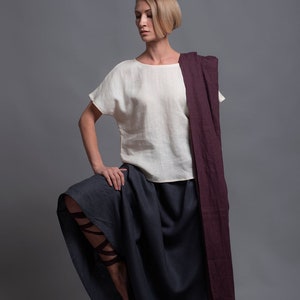 Loose Linen Top TOD round neck, Oversized Flax blouse drop shoulder sleeves, Plus Size White t shirt women washed linen clothes