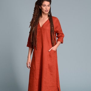 MIDBAR Long Linen Dress with Sleeve, Women's Kaftan Dress, Galabeya Galabia Jellaba, Made-To-Measure, Custom Made Women's Flax Linen Dresses