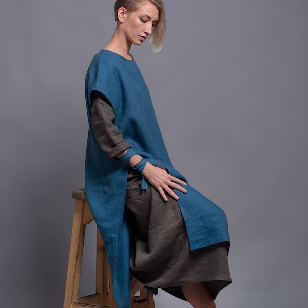 Loose Linen Tunic Dress SANGA, Casual Blue Day Dress Plus Size, Oversize Loose Maxi Kaftan, Summer Pure Linen Flax Simple Rustic Work dress