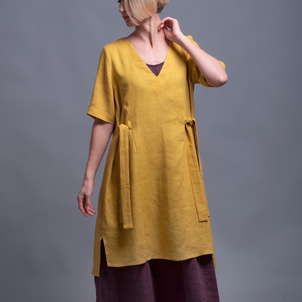 Yellow Tunic Dress ELLA, Casual Summer Top Tunic, Washed Linen Women's Clothes, Every Day Flax dress, Multi Layer Lagenlook Simple Dress