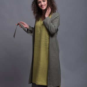 Chaqueta de lino largo TOLLO con cinturón, manga larga Flax Cardigan, Blazer de lino natural de verano verde, ropa de lino para mujer, Conjunto Boho Lagenlook imagen 1