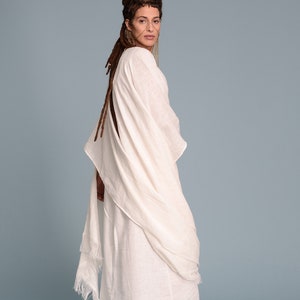 BOHO Open-Weave Linen Cape, Women's Lagenlook Fringe Kimono Cardigan, Bohemian Rustic Wedding White Poncho Cover-Up, Long Flax Shawl Wrap