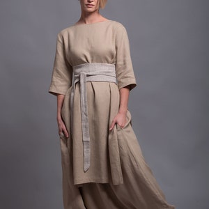 Linen Outfit | 3 Items | Long Tunic Open Back - Wide Skirt Pants - Wrap Obi Belt | Plus Size Linen | Made To Measure Flax Clothing for Women