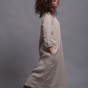 Linen Dress NIKA, Long Washed Linen Dress with sleeves, Lagenlook Rustic style loose fitting linen dress, Petite Plus size Linen Clothes image 1