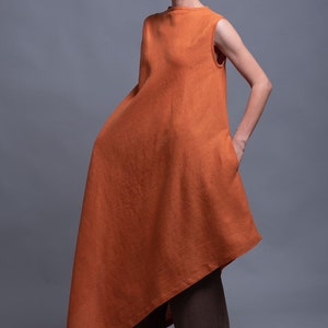 YUCCA Long Linen Tunic Dress, Asymmetrical Loose Fitting Oversize Sleeveless Maxi Casual Tunic Dress, Lagenlook Orange Flax Plus Size Dress