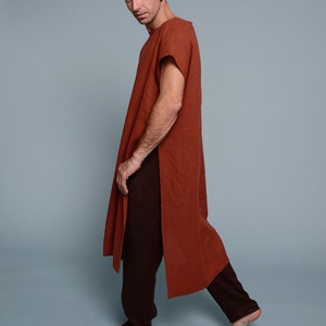 SANGA Men's Long Linen Tunic - High Slits, Loose Flax Shirt Short Sleeve for Men, Summer Beach Tunic, Custom Size Natural Linen Clothing