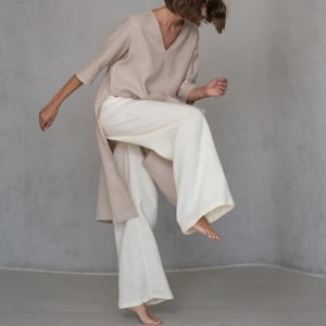 White Wide Leg Linen Pants for Women, Full Length Flax Trousers with Elastic Waist, Minimalist Summer Pants, Handmade Plus Size Clothing