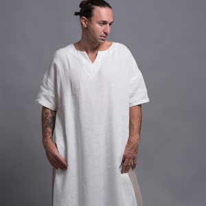 ZIV White Linen Djellaba Men | Long Linen Kaftan | Festival Mens Tunic Dress Caftan | Loungewear, Homewear Jellaba |  Flax Clothing for Men