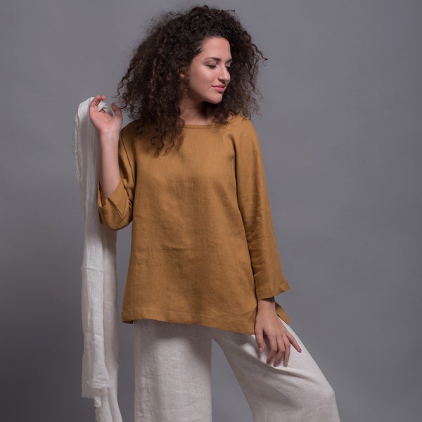 Linen Top SOVA with Long sleeves, Loose Linen Blouse, Petite - Plus Size Linen Shirt, Washed Linen Summer Women's clothes, 31 color options