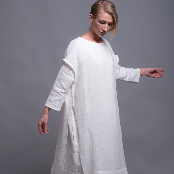 White Linen Tunic Dress SANGA, Viking Wedding White Dress Costume Medieval Style Festival Clothing, Large Linen Dress Summer Natural Clothes