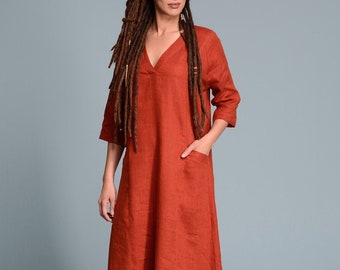 MIDBAR Long Linen Dress with Sleeve, Women's Kaftan Dress, Galabeya Galabia Jellaba, Made-To-Measure, Custom Made Women's Flax Linen Dresses