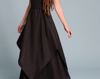 Double Layered Black Linen Dress EFRAT