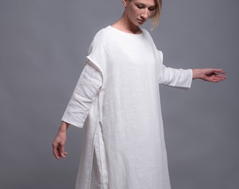 White Linen Tunic Dress SANGA, Viking Wedding White Dress Costume Medieval Style Festival Clothing, Large Linen Dress Summer Natural Clothes