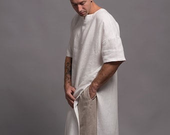 Camisa larga de lino para hombres, túnica de lino blanco, vestido de hombre Kaftan, caftán de festival, chilaba, jellaba, ropa de lino para hombre, ropa de salón, ropa de hogar