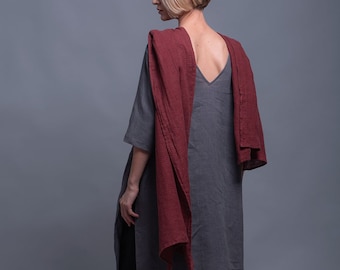 MIRA Open Back Tunic Top, Natural Linen Midi Loose Fitting Oversized Shirt with Long Sleeve, Flax Everyday Tunic Plus Size Vegan Clothing