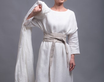 Outfit 4 pieces - Large Linen Dress DOR + Linen Tunic SANGA + Wrap Belt + White Linen Scarf, Women Flax Linen Clothing, Viking wedding dress