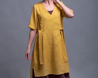 Gele tuniek jurk ELLA, casual zomer top tuniek, gewassen linnen vrouwenkleding, elke dag vlas jurk, multi layer lagenlook eenvoudige jurk