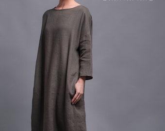 Washed Linen Dress DOR, Casual Maxi Day Dress Plus Size, Oversize Long Loose fit Caftan with long sleeves, Bohemian Simple Minimalist Dress