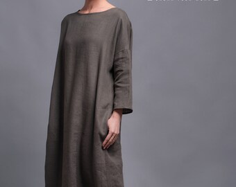 Washed Linen Dress DOR, Casual Maxi Day Dress Plus Size, Oversize Long Loose fit Caftan with long sleeves, Bohemian Simple Minimalist Dress