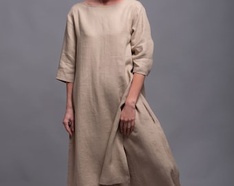 MIRA Linen Tunic Dress for Women, Asymmetrical Maxi Flax Top Shirt with Long Sleeve and Open Back, Loose Backless Oversized Tunic, Plus Size