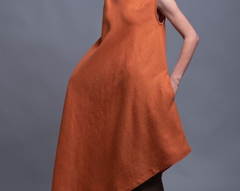 YUCCA Long Linen Tunic Dress, Asymmetrical Loose Fitting Oversize Sleeveless Maxi Casual Tunic Dress, Lagenlook Orange Flax Plus Size Dress