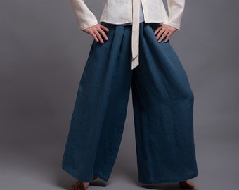 Palazzo Linen Pants RANI for women, Flax Summer Maxi Trousers with pockets, High Waisted Tall Skirt Pants, Petite - Plus Size Linen Clothes