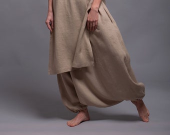 JIVA Linen Harem Pants for Women, Lounge Comfortable Oversized Loose Fitting Buggy Drop Crotch Trousers, Plus Size Low Crotch Festival Pants