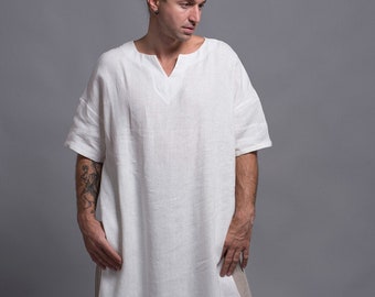 ZIV White Linen Djellaba Men | Long Linen Kaftan | Festival Mens Tunic Dress Caftan | Loungewear, Homewear Jellaba |  Flax Clothing for Men