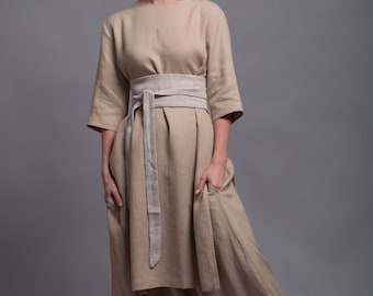 Linen Outfit | 3 Items | Long Tunic Open Back - Wide Skirt Pants - Wrap Obi Belt | Plus Size Linen | Made To Measure Flax Clothing for Women