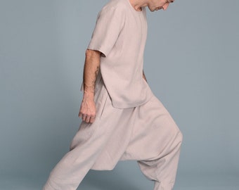 Men's Linen Outfit | 2 items | Linen Harem Pants &  Linen Shirt | Petite, Regular, Plus Size, Tall - Custom Made Men's Clothes