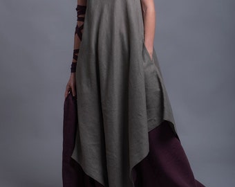 YUCCA Asymmetric Linen Tunic Dress, Long Loose Fitting Oversize Sleeveless Dress, Lagenlook Flax Dress, Plus Size Maxi Dress, Custom Made