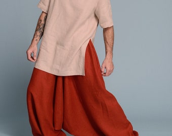 Men's Linen Outfit | 2 items | Linen Harem Pants &  Linen Hi Low hem Tunic | Petite, Regular, Plus Size, Tall - Custom Made Men's Clothes