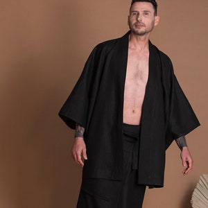 Black Linen Haori Japanese Kimono Jacket for Men