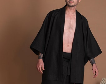 Black Linen Haori Japanese Kimono Jacket for Men