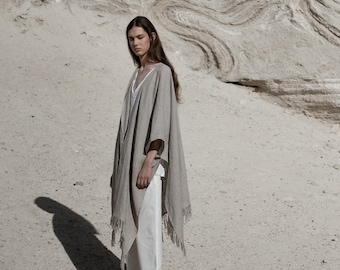 Linen Poncho Jacket with Fringe || Gender Neutral Adult Clothes || Desert Hues: Agender Linen Collection