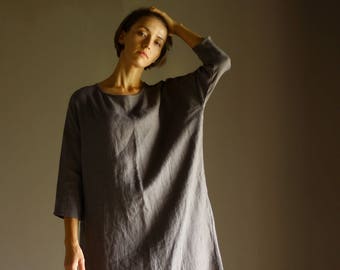 Linen Simple Dress Plus Size, Long Maxi Dress with side pockets, Loose Oversize Caftan with long sleeves, Bohemian Simple Kaftan Dress