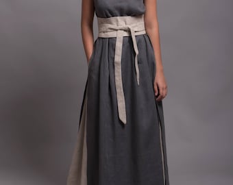 Outfit - 3 pieces - Linen Long Tunic Dress NERO + Long Linen Skirt AIRA + Linen Wrap Belt MARU, Women Flax Linen Clothing Viking Dress Tunic