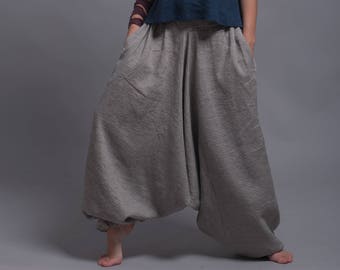 Linen Harem Pants with Side Pockets, Wide leg Linen Pants for Woman, Man, Unisex, Regular, Tall, Plus size, Custom Made.