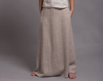 Linen Long Skirt  *AIRA*, Linen Maxi skirt with pockets, Plus Size Linen Skirt in Natural Linen color, Long Trapeze washed linen Skirt