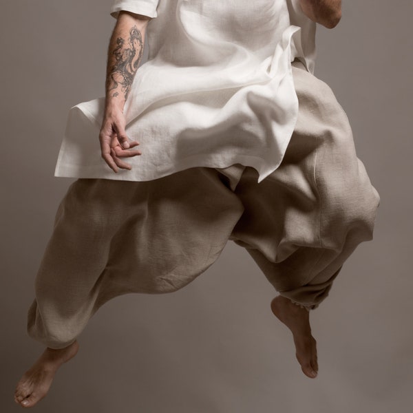 Gewaschene Leinen Haremshose, Unisex Drop Crotch Sarouel, Boho Festival Wear