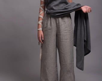 Wide Leg Linen Pants for Women, Flowy Flax Trousers with Elastic Waist, Minimalist Summer Clothing, Handmade Plus Size Flax Linen Bottoms