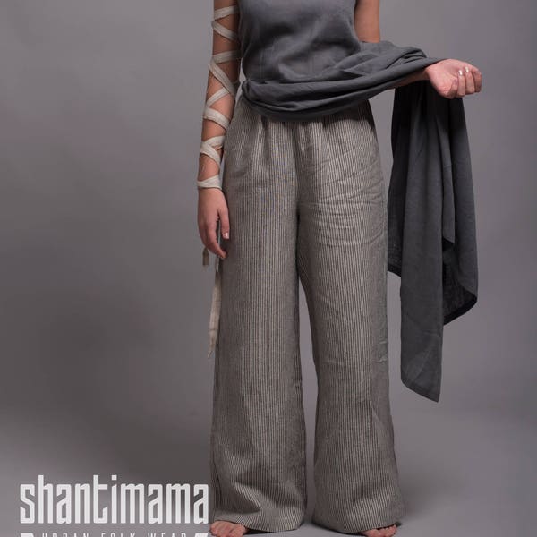 Wide Leg Linen Pants BORA with side pockets, Striped Linen Trousers, Linen Pants Plus Size, Summer Linen Wide Pants, available in 31 colors