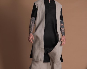 Men's Linen Outfit | 3 items | Pants, Short Sleeves Shirt & Long Vest | Petite, Regular, Plus Size, Tall - Custom Made Men's Clothes