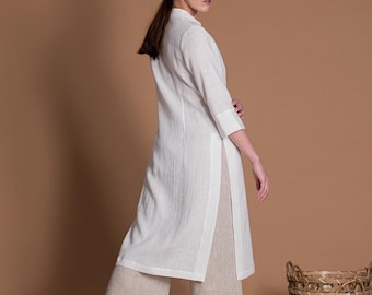 Linen Outfit | 2 items | Linen Tunic Kurti & Linen Wide Leg Pants | Regular, Plus Size, Tall - Custom Made Women's Clothes