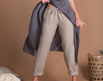 Natural Linen Pants SITA | Women's Tall Wide Leg Trousers, Custom Size - Petite, Plus Size, Tailored Ladies Flax Linen Clothing