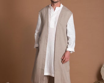 Men's Linen Outfit | 3 items | Trousers, Long Sleeves Kurta Shirt & Vest | Petite, Regular, Plus Size, Tall - Custom Made Men's Clothes