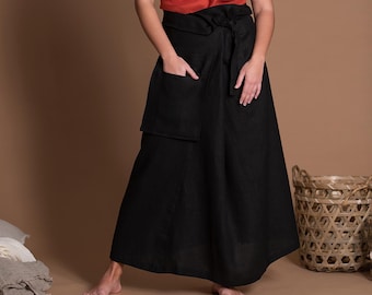 Black Linen Wrap Skirt With Pocket TOKIO