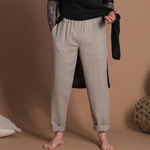 TEO Men's Linen Trousers Custom Size Natural Linen Pants Etsy